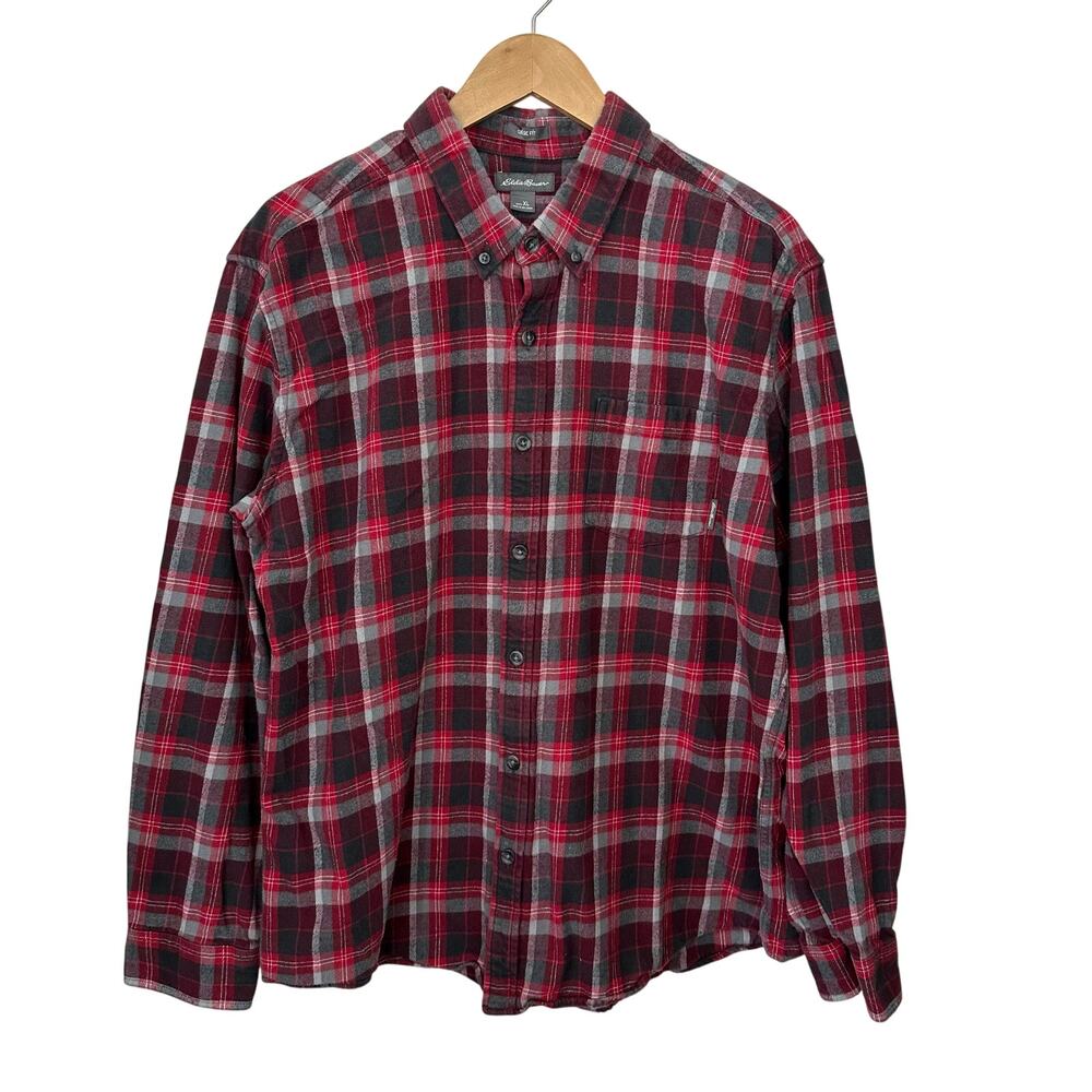 Eddie Bauer Mens Classic Fit Shirt Size XL Red Gray Plaid 100% Cotton Outdoors